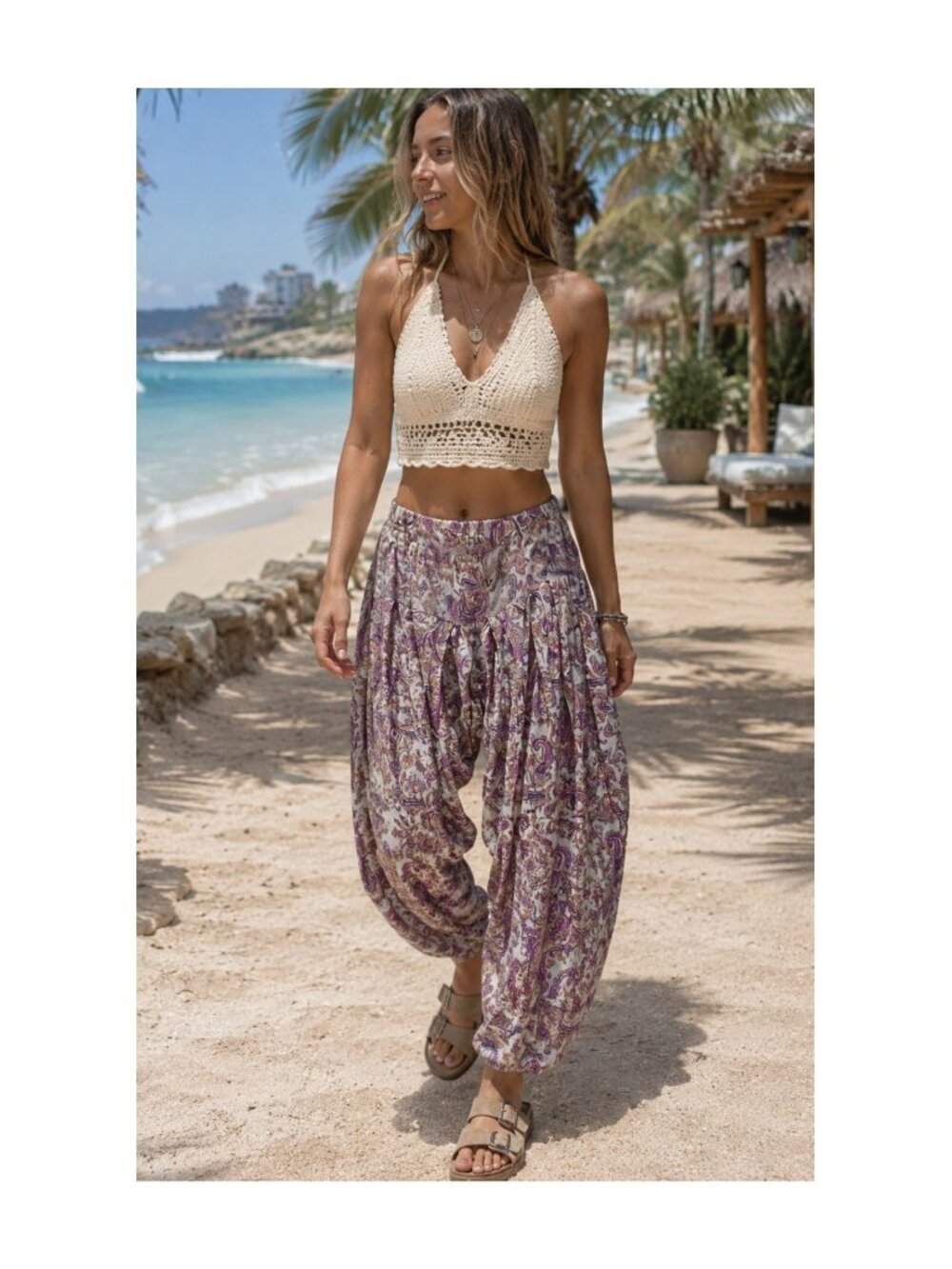 Handmade OS Boho Purple Paisley Print Adjustable Harem Pants Lightweight